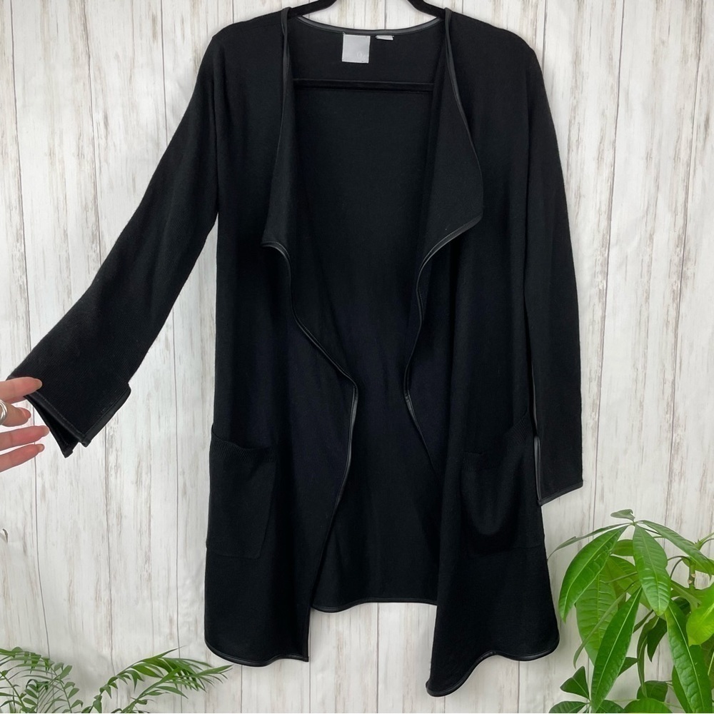 Zero Degrees Celsius black with faux leather trim asymmetrical cardigan